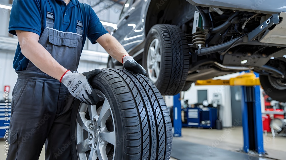 Mechanic in Gloves Inspecting Automobile Tire and Wheel in Repair Shop Mechanic in Gloves Inspecting Automobile Tire and Wheel in Repair Shop