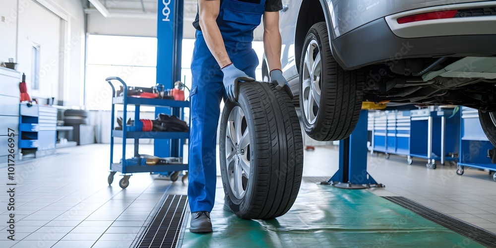 Fototapeta premium Mechanic Inspecting Tire in Clean Auto Repair Workshop