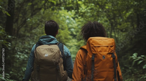 Couple backpacks nature.