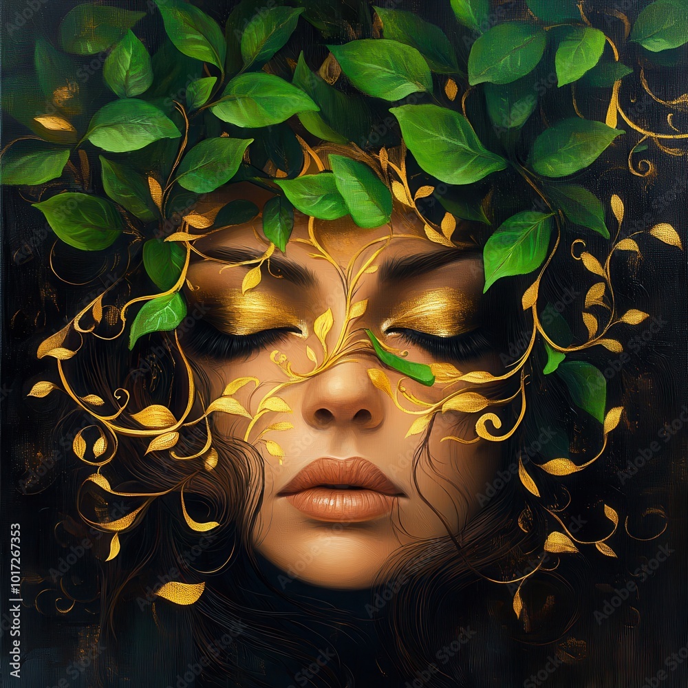 © AshrofS - A serene face surrounded by vibrant green leaves, embodying harmony with nature.