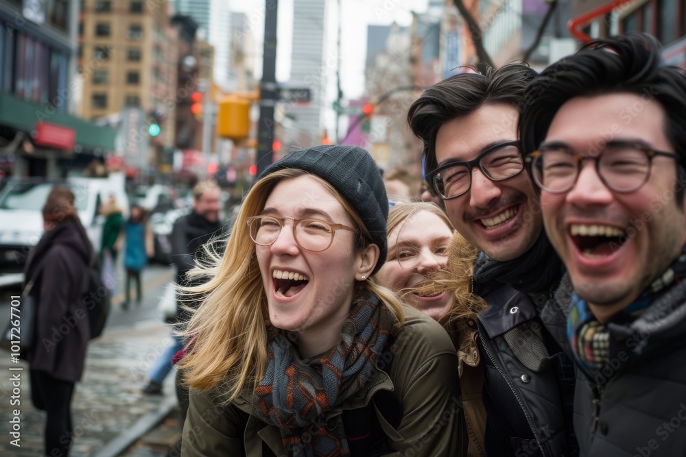 Group of friends having fun in New York City - Cheerful young people having fun on a city street Group of friends having fun in New York City - Cheerful young people having fun on a city street
