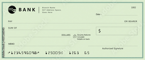 Bank check, vector blank money check, checkbook template with guilloche pattern and fields. Currency payment coupon, money check background