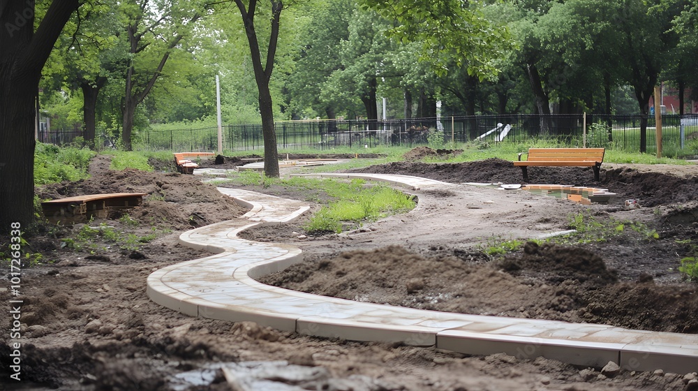 26. A beautiful park being constructed, with pathways, benches, and landscaping underway 26. A beautiful park being constructed, with pathways, benches, and landscaping underway