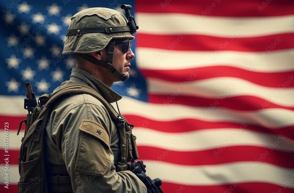 Soldier in tactical gear stands solemnly in front of a waving American flag during a commemorative event in the early morning light Soldier in tactical gear stands solemnly in front of a waving American flag during a commemorative event in the early morning light