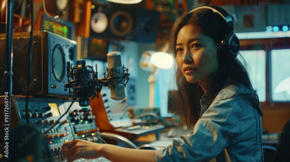 Asian Woman in a Radio Studio Setting Asian Woman in a Radio Studio Setting