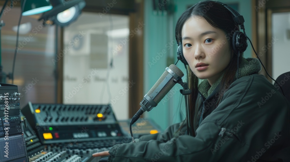 Woman Behind Microphone in Radio Studio Setting Woman Behind Microphone in Radio Studio Setting