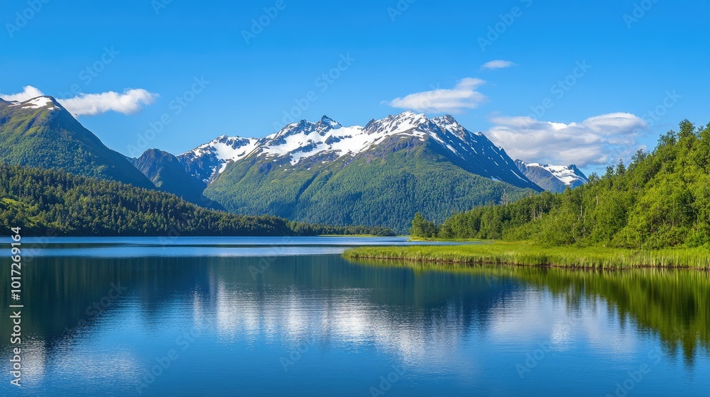 A breathtaking view of a mountain range with a calm lake, green forest, and clear blue skies, capturing nature's serenity, ideal for outdoor photography A breathtaking view of a mountain range with a calm lake, green forest, and clear blue skies, capturing nature's serenity, ideal for outdoor photography