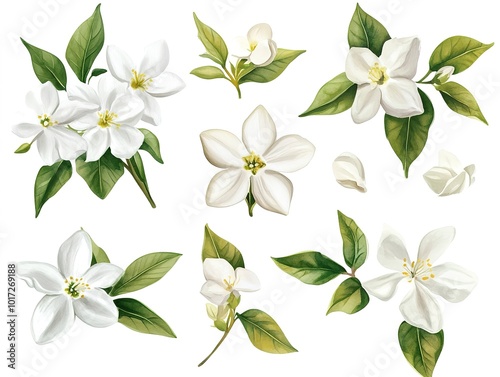 Set of jasmine flowers watercolor clipart isolated on white background