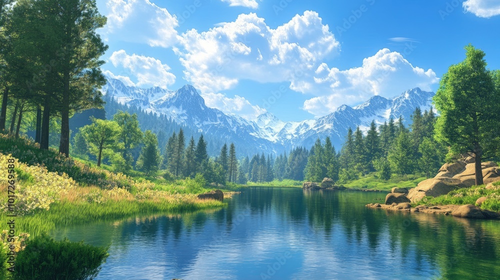 A scenic mountain landscape with vibrant green nature, a clear blue sky, and a calm reflective lake, creating a peaceful nature scene A scenic mountain landscape with vibrant green nature, a clear blue sky, and a calm reflective lake, creating a peaceful nature scene