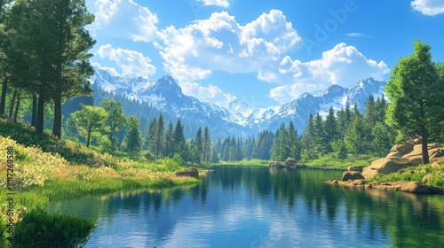 A scenic mountain landscape with vibrant green nature, a clear blue sky, and a calm reflective lake, creating a peaceful nature scene