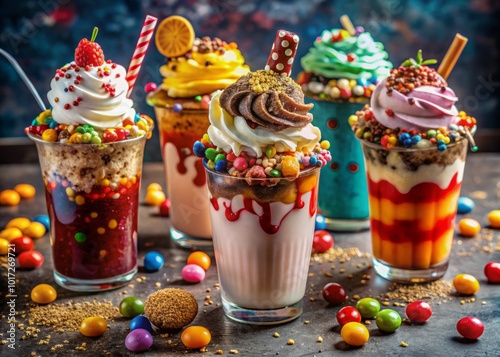 Savor indulgent freakshakes crowned with velvety whipped cream, bright sprinkles, and an assortment of tasty candy photo