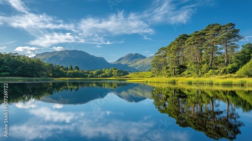 A scenic view of a mountain landscape with a calm reflective lake, green trees, and a vibrant blue sky, ideal for travel and nature photography