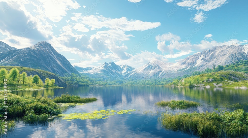 A stunning landscape featuring mountains, lush greenery, and a calm lake reflecting the surroundings under a vibrant blue sky, ideal for nature themes A stunning landscape featuring mountains, lush greenery, and a calm lake reflecting the surroundings under a vibrant blue sky, ideal for nature themes