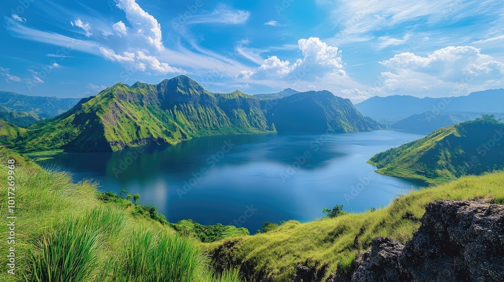 Fototapeta premium A stunning mountain view with a calm lake, green hills, and clear blue skies, creating a serene scene ideal for nature and travel photography