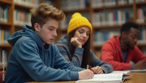 A group of students focused on studying in a library setting, with books and notebooks spread out on the table. The scene emphasizes education, learning, and collaboration.