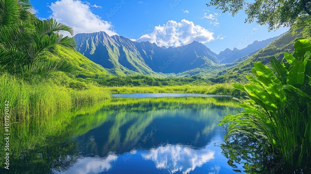 A tranquil mountain landscape with lush greenery, a still lake reflecting the sky, and stunning mountain peaks under clear blue skies A tranquil mountain landscape with lush greenery, a still lake reflecting the sky, and stunning mountain peaks under clear blue skies