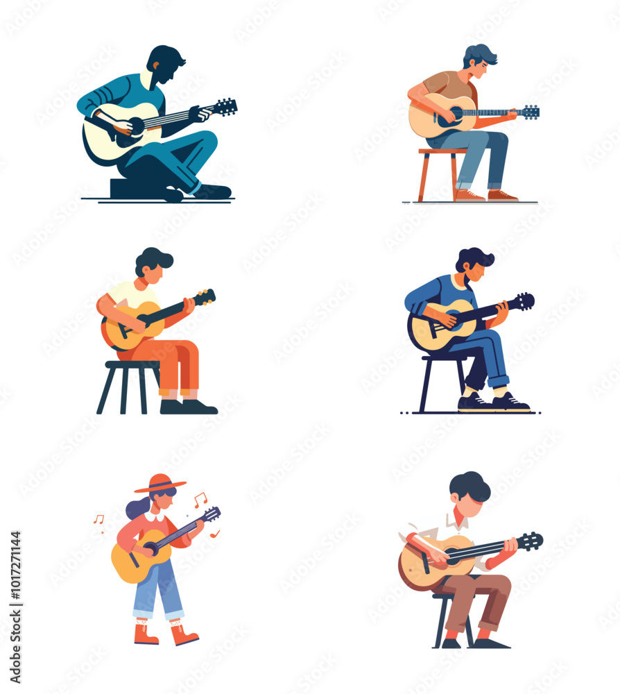 set collection person play guitar flat design vector set collection person play guitar flat design vector