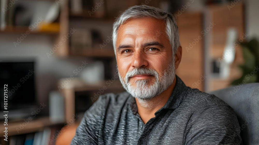 A mature man with a beard poses confidently in a cozy setting. A mature man with a beard poses confidently in a cozy setting.