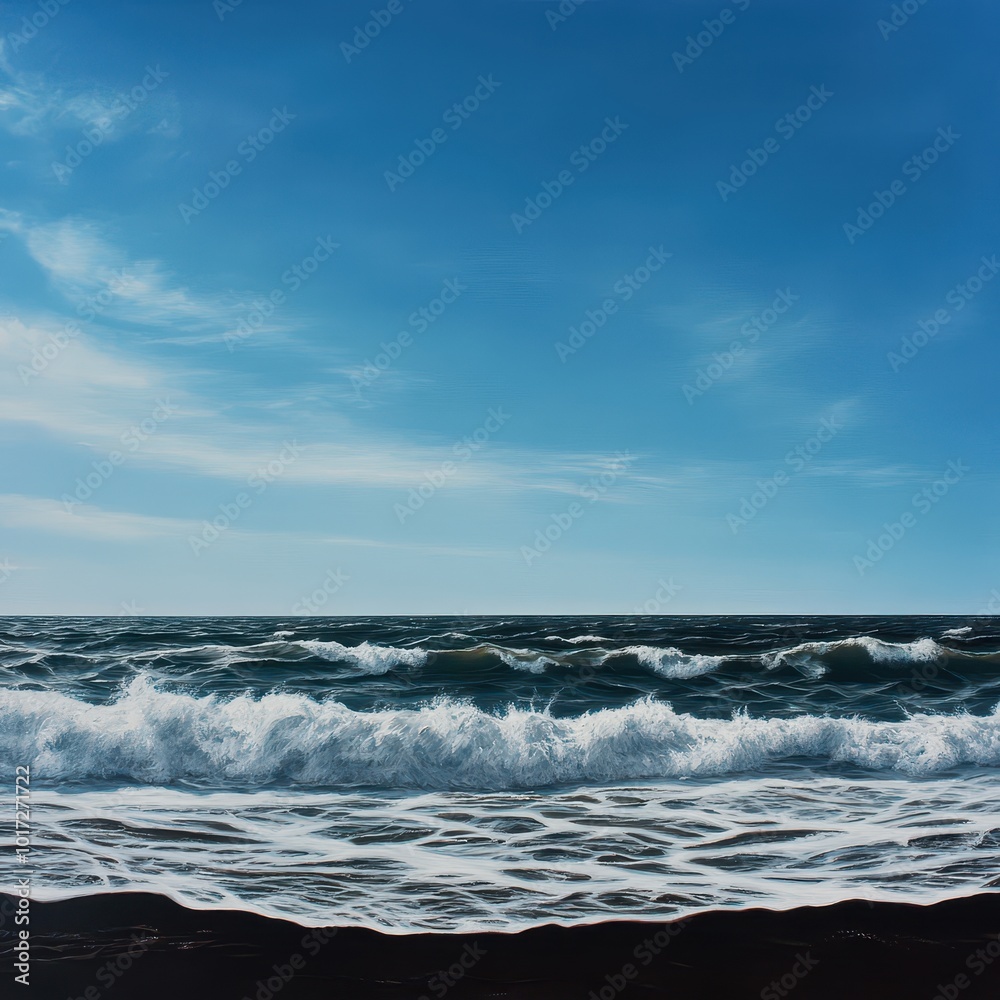 Vibrant ocean waves crashing on the shore under a bright blue sky. Vibrant ocean waves crashing on the shore under a bright blue sky.