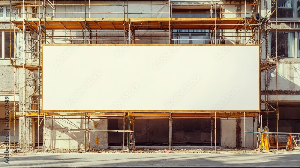 Long blank hoarding with space for advert mockup on construction site under unfinished building with scaffold Long blank hoarding with space for advert mockup on construction site under unfinished building with scaffold