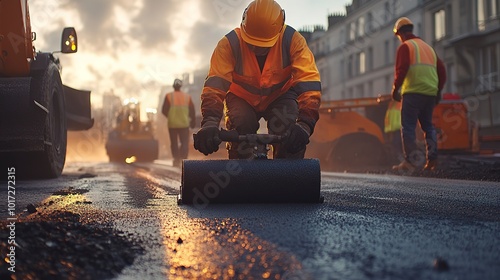 A focused construction worker in high-visibility clothing carefully paves a new road with fresh asphalt, with teamwork visible in the background, in an urban setting at dusk.   photo