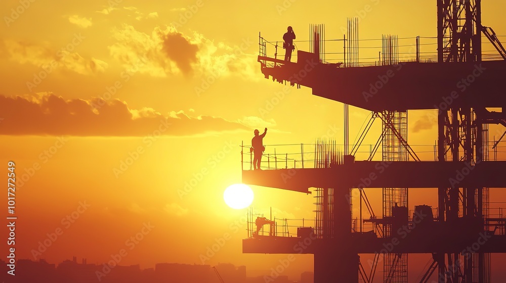 Silhouette of engineer and construction team working safely height building at sunset pastel with Light fair Silhouette of engineer and construction team working safely height building at sunset pastel with Light fair