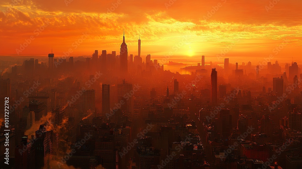 Beautiful Urban Sunset and Cityscape Panorama of New York City with High Rise Buildings and Orange Sky Beautiful Urban Sunset and Cityscape Panorama of New York City with High Rise Buildings and Orange Sky