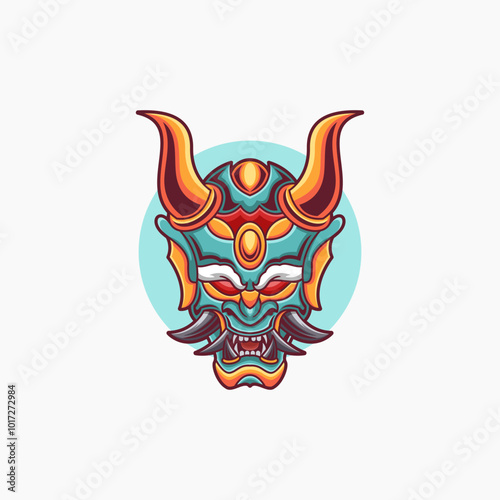 Design an Oni Mask Logo and use a modern style with yellow and blue colors