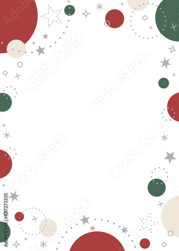 丸のポップなフレーム、星とキラキラのデコレーション、クリスマスカラー、縦向き