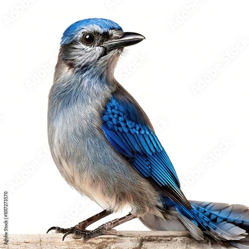 Scrub jay, a species of passerine bird of the genus Aphelocoma. Grey and blue color found in Mexico, Central America and the western United States, and Florida. Isolated on white with copy space. photo