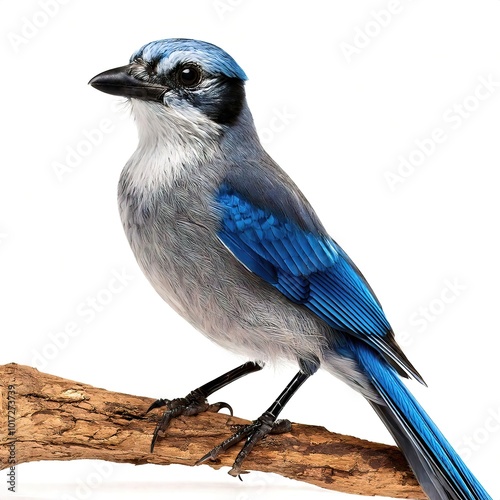 Scrub jay, a species of passerine bird of the genus Aphelocoma. Grey and blue color found in Mexico, Central America and the western United States, and Florida. Isolated on white with copy space. photo