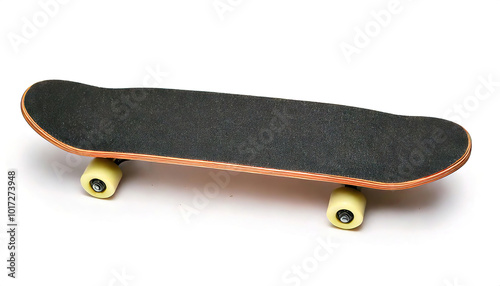 skateboard is a type of sports equipment used for skateboarding, made of a specially designed 7 to 8 maple plywood deck and has polyurethane wheels attached to the underside by a pair of trucks photo