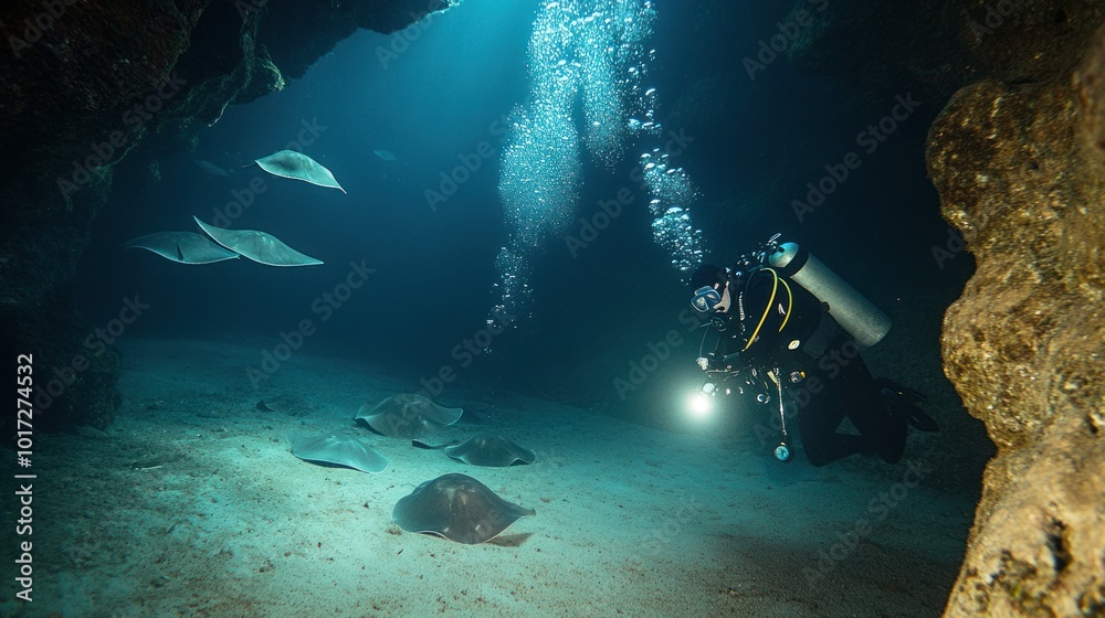 Underwater Exploration: A Diver Encounters a School of Stingrays in a Marine Cave