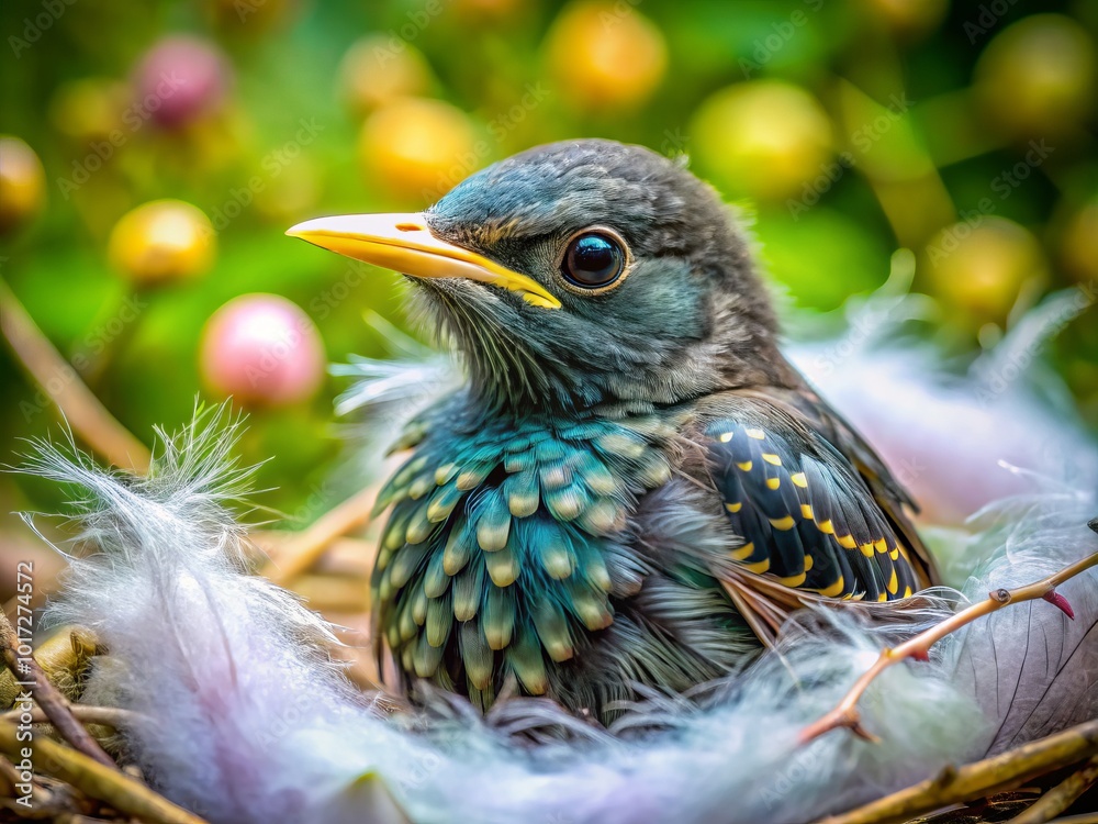 Obraz premium Sweet baby starling, surrounded by soft feathers, rests in its cozy, natural environment, exuding charm and
