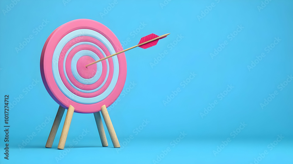 A pink and blue target with an arrow hitting the center. A pink and blue target with an arrow hitting the center.