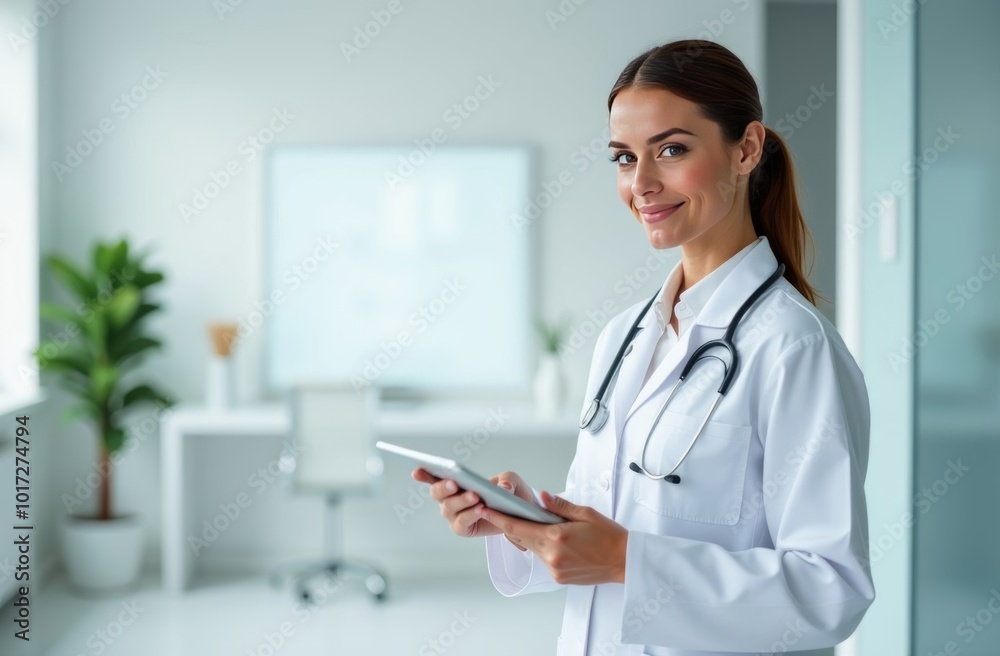 Confident female doctor in a modern clinic holding a tablet while smiling during a patient consultation Confident female doctor in a modern clinic holding a tablet while smiling during a patient consultation