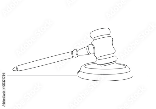 Continuous single line sketch drawing of gavel judge law wooden hammer court justice lawyer one line vector illustration