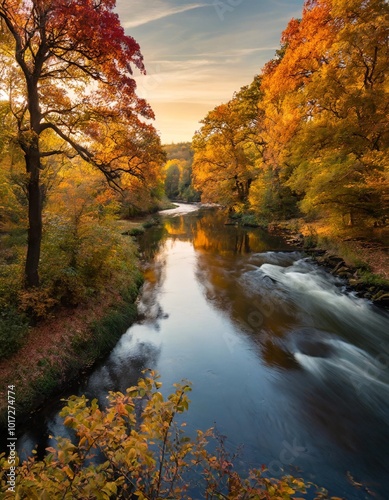 A Serene River Meandering Through a Vibrant Autumn Forest, Surrounded by Trees With Golden and Red Leaves, Captured Under the Warm Glow of Sunset for a Stunning Landscape Scene