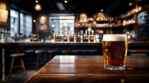 A pint of beer sits on a wooden table in a cozy bar setting.