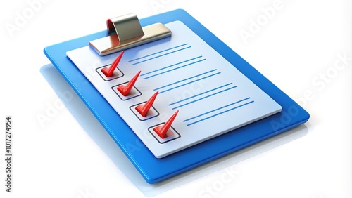 A bright blue clipboard with a checklist and a red tick icon, isolated on a white background, representing requirements and task completion. photo