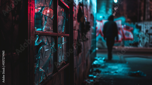 Dark alleyway at night with shadowy figures symbolizing gang violence, broken window and graffiti-covered wall under harsh streetlight glow