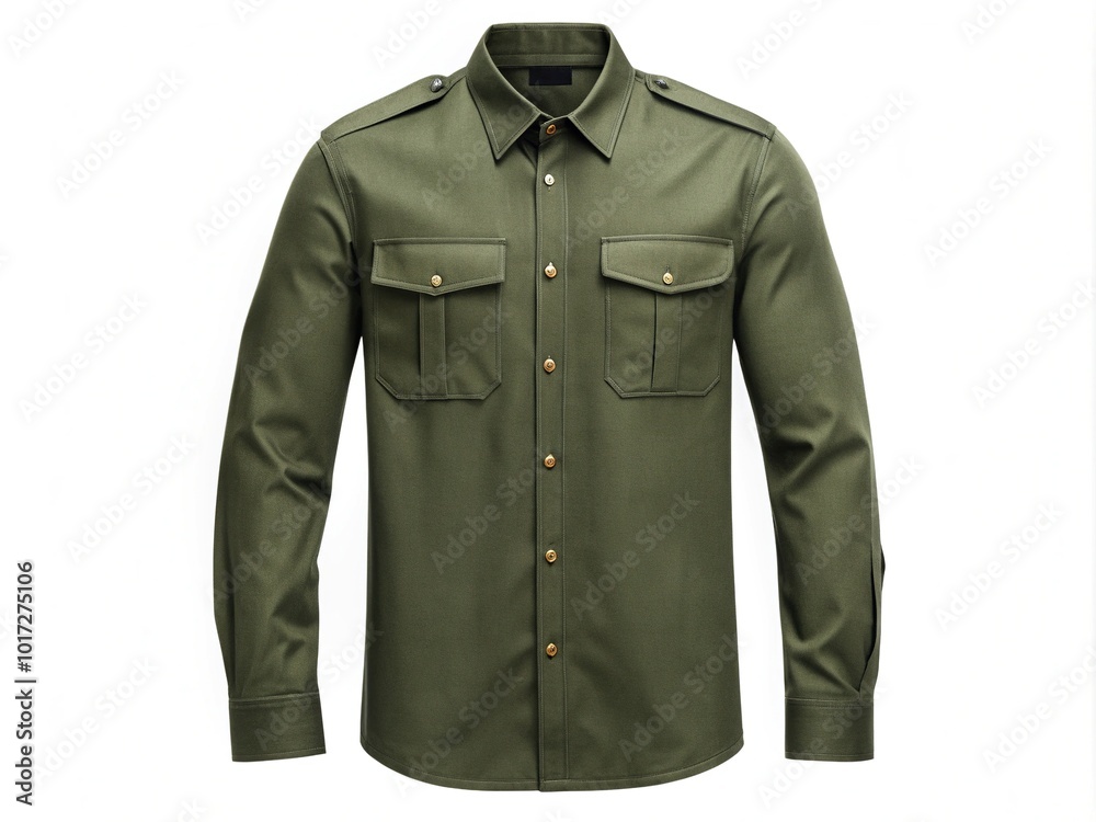 A crisp, olive green military-style shirt with buttoned epaulets and ribbed cuffs, evoking a sense of authority and rugged sophistication.