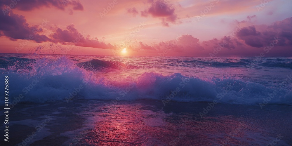 Waves gently crashing onto a beach at sunset, vibrant colors in the sky Waves gently crashing onto a beach at sunset, vibrant colors in the sky