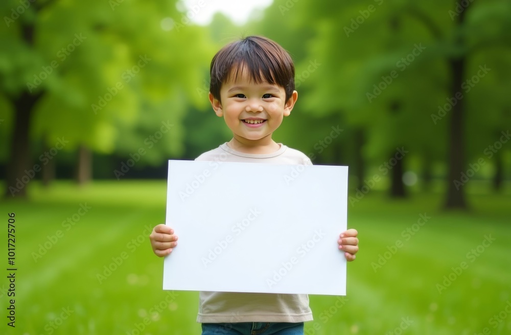 Young child smiles brightly while holding a blank sign in a lush green park on a sunny day Young child smiles brightly while holding a blank sign in a lush green park on a sunny day