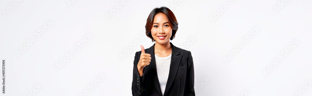 A Southeast Asian businesswoman is giving a thumbs up against a white background. A Southeast Asian businesswoman is giving a thumbs up against a white background.