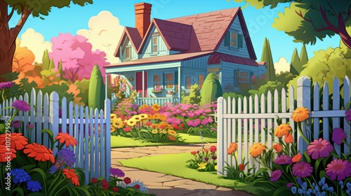 A charming cottage with a white picket fence surrounded by colorful flowers and lush greenery.