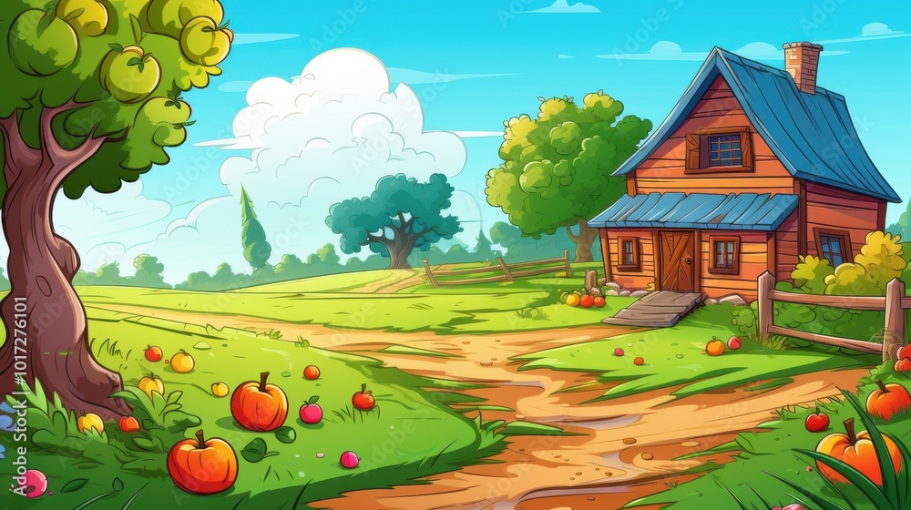Fototapeta premium A quaint wooden house with a blue roof nestled in a grassy field with scattered red apples.