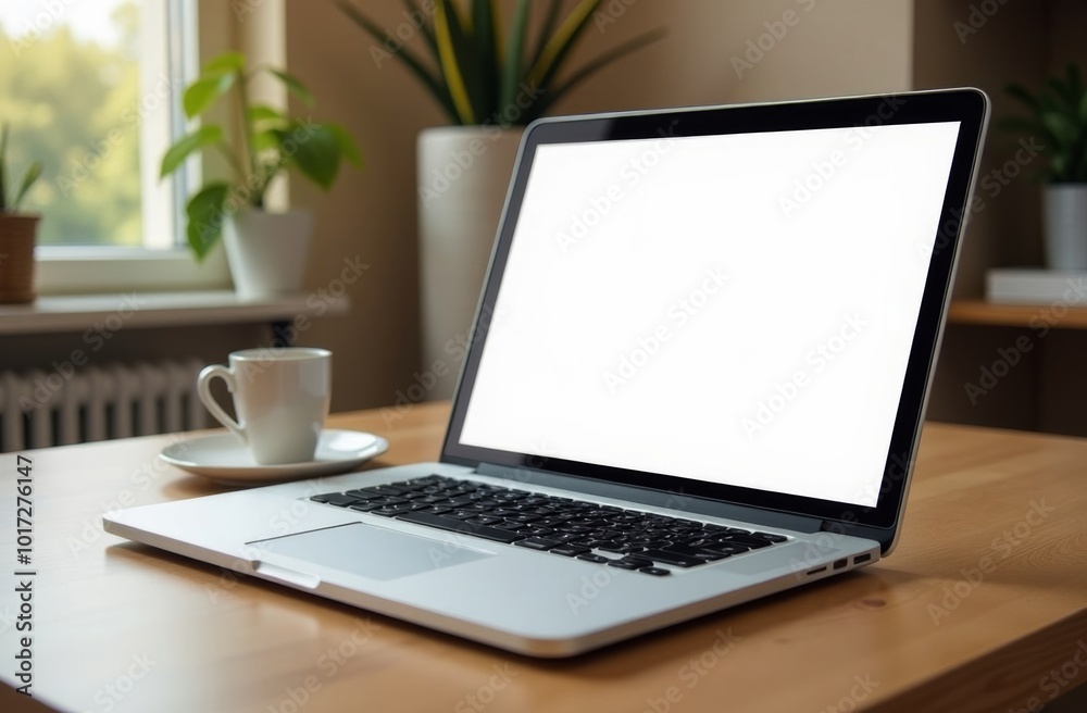 A minimalistic workspace featuring a laptop and coffee cup with plants in the background during a sunny afternoon A minimalistic workspace featuring a laptop and coffee cup with plants in the background during a sunny afternoon