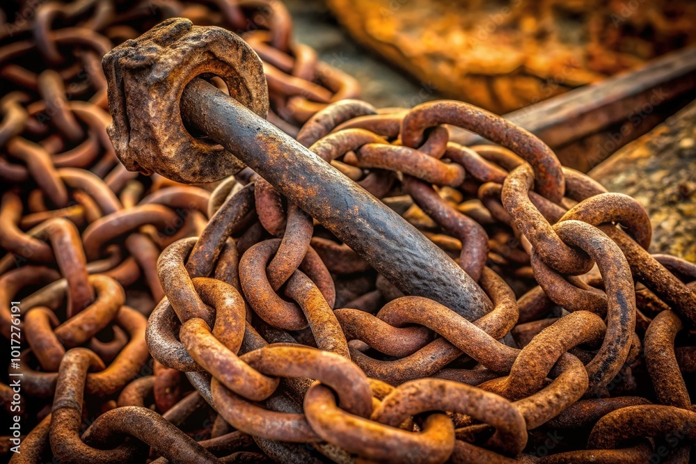 Close-up of a heavy, rusty metal chain coiled around a weathered anchor, with intricate chain links and anchor details against a dark background. Close-up of a heavy, rusty metal chain coiled around a weathered anchor, with intricate chain links and anchor details against a dark background.