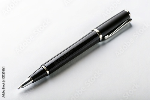 Chic black pen on a white background, perfect for school and office supplies. Great for writing and drawing, it offers a minimalist and refined design.